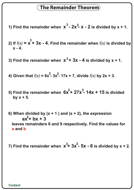 Remainder Theorem Worksheet With Answer Key Printable pdf