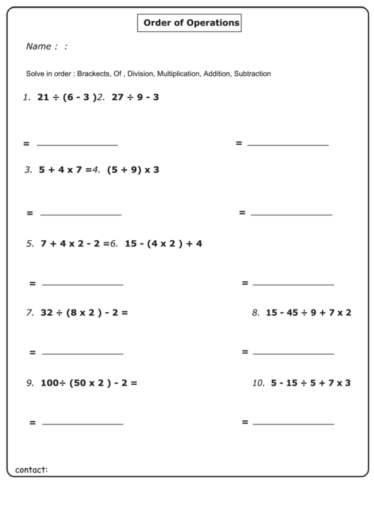Order Of Operation Worksheet With Answer Key Printable pdf