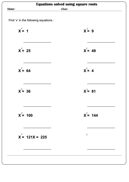 Equations Solved Using Square Roots Worksheet With Answer Key Printable pdf