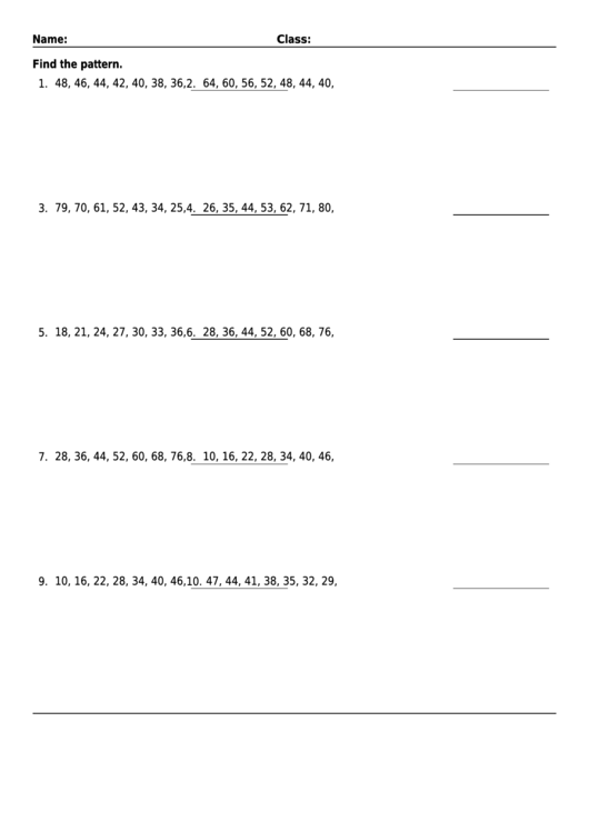 Number Patterns Worksheet With Answer Key Printable pdf