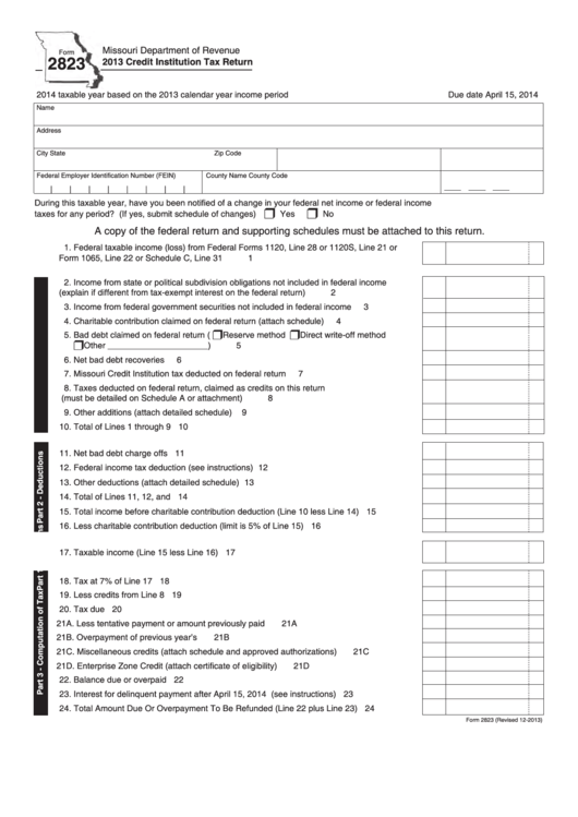 Fillable Form 2823 - Credit Institution Tax Return - 2013 Printable pdf