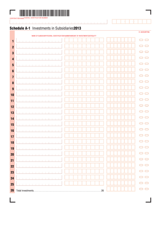 Fillable Schedule A-1 - Investments In Subsidiaries - 2013 Printable pdf