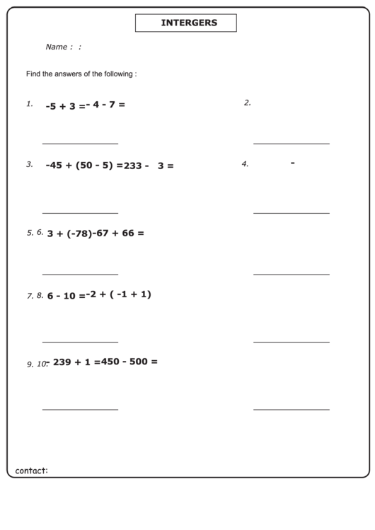 Adding Intergers Worksheet With Answer Key