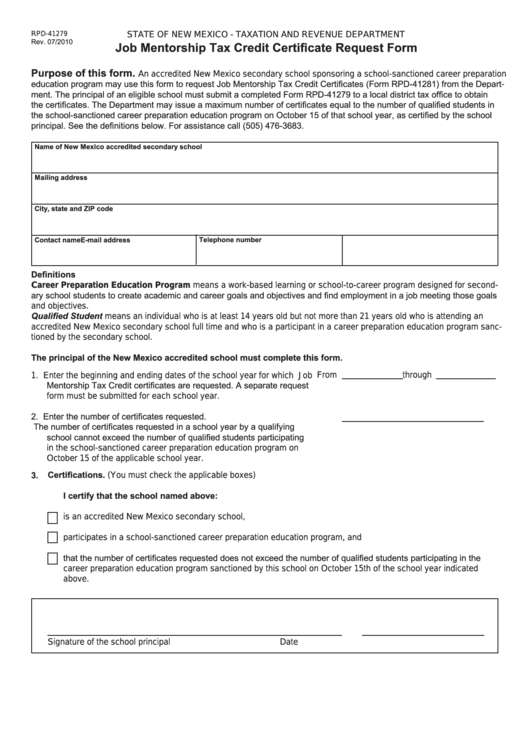 Form Rpd-41279 - Job Mentorship Tax Credit Certificate Request Form Printable pdf