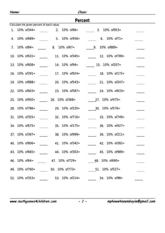 Calculating Decimal Percentage Of A Number Worksheet
