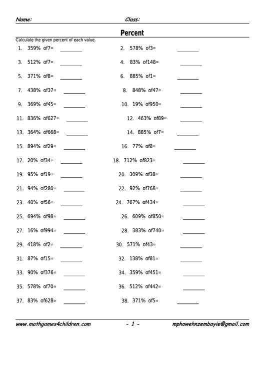 Percent Worksheet With Answer Key Printable pdf
