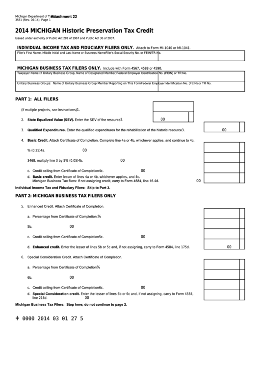 Form 3581 - Michigan Historic Preservation Tax Credit - 2014 Printable pdf