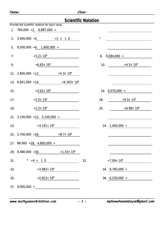 Scientific Notation Worksheet With Answer Key Printable pdf
