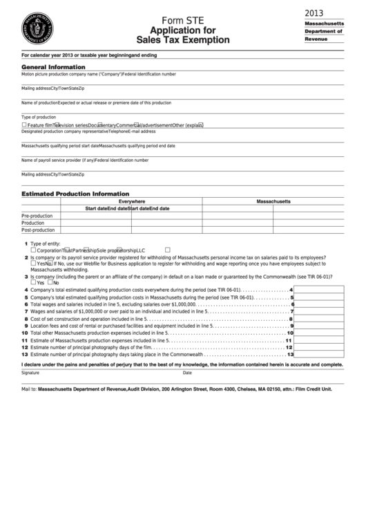 Fillable Form Ste - Application For Sales Tax Exemption - 2013 Printable pdf