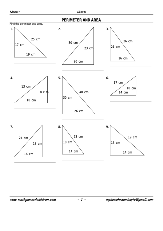 Triangle Perimeter & Area Worksheet With Answer Key Printable pdf