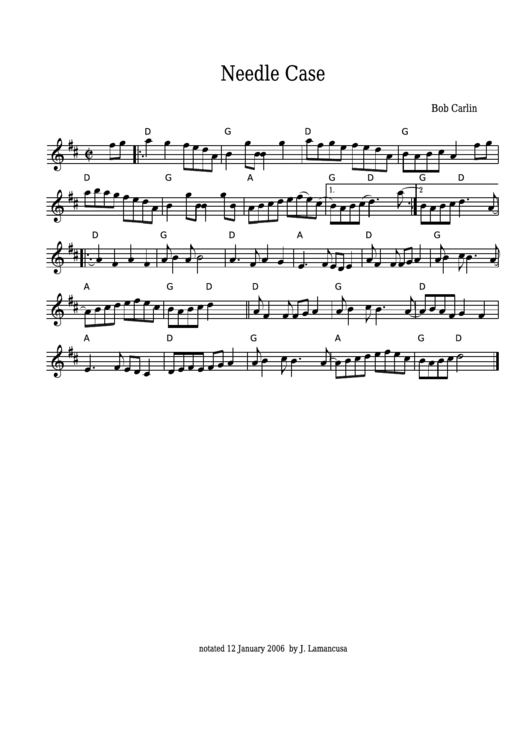 Bob Carlin - Needle Case Sheet Music Printable pdf