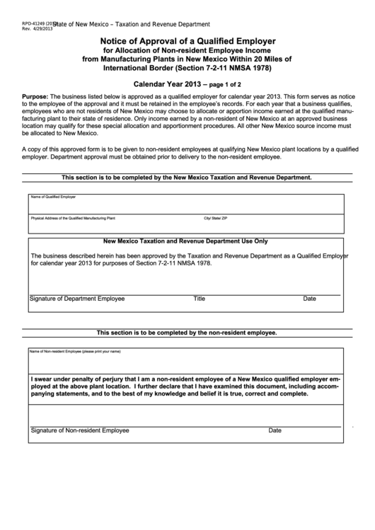 Form Rpd-41249 - Notice Of Approval Of A Qualified Employer Printable pdf