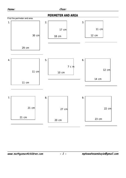 Perimeter & Area Worksheet With Answer Key Printable pdf