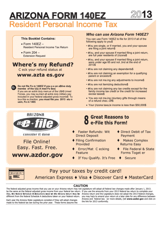 Arizona Form 140ez - Resident Personal Income Tax Return - 2013 Printable pdf