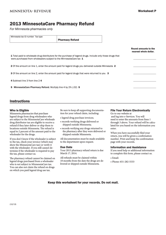 Worksheet P - Minnesotacare Pharmacy Refund - 2013 Printable pdf