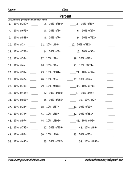 Percent Worksheet With Answer Key Printable pdf