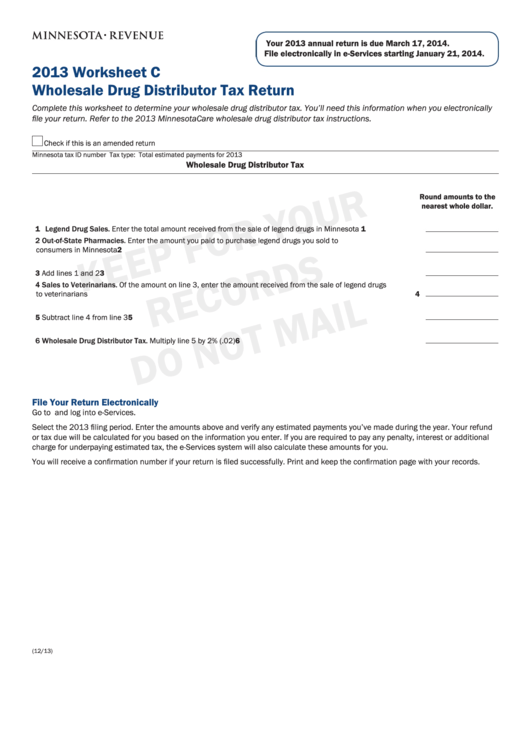 Fillable Worksheet C - Wholesale Drug Distributor Tax Return - 2013 Printable pdf