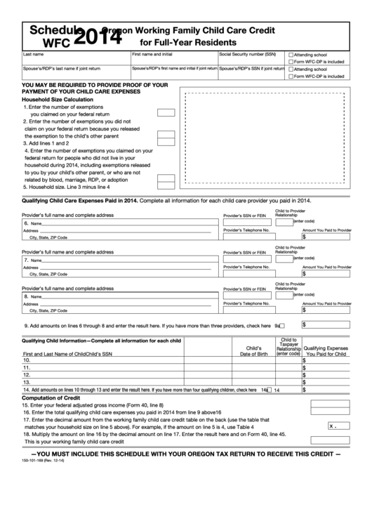 Fillable Schedule Wfc - Oregon Working Family Child Care Credit For Full-Year Residents - 2014 Printable pdf