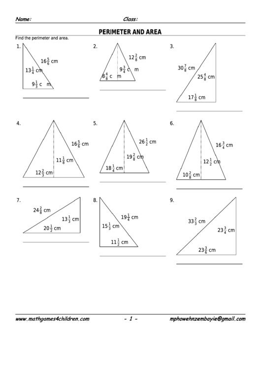 Triangle Perimeter & Area Worksheet With Answer Key Printable pdf
