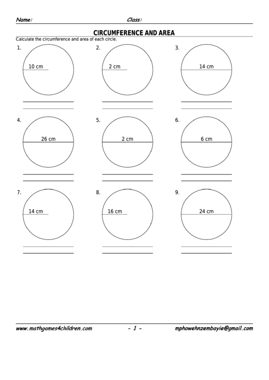 Circumference & Area Worksheet With Answer Key Printable pdf