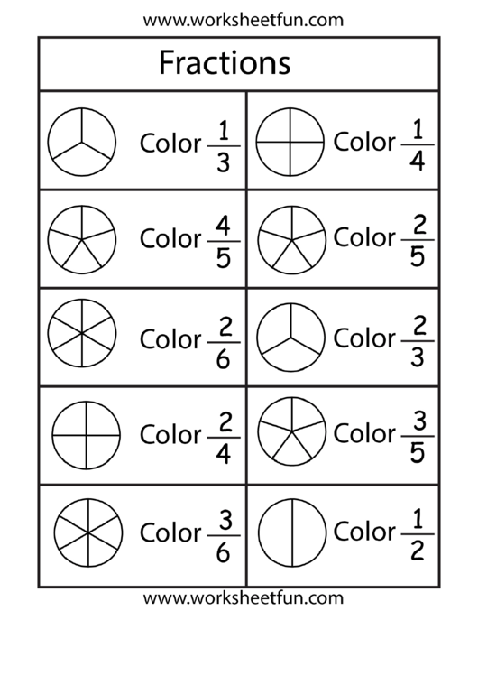 Fraction Circles Color Worksheet Printable pdf