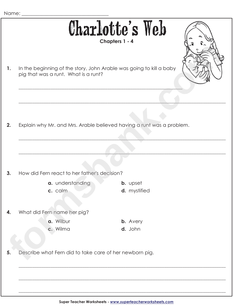 Charlotte S Web Questions For Chapters 1 4 Worksheet With Answers Printable Pdf Download