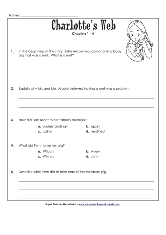 Charlotte #39 S Web Questions For Chapters 1 4 Worksheet With Answers