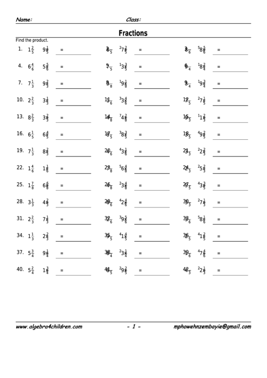 Mixed Fractions Multiplication Worksheet With Answer Key Printable pdf