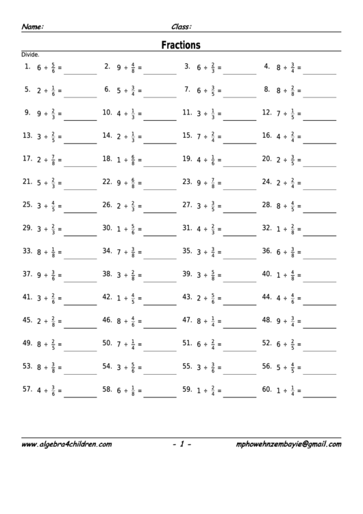 Fractions Division Worksheet With Answer Key Printable pdf