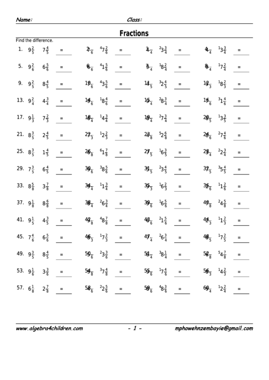 Fraction Subtraction Worksheet With Answer Key Printable pdf