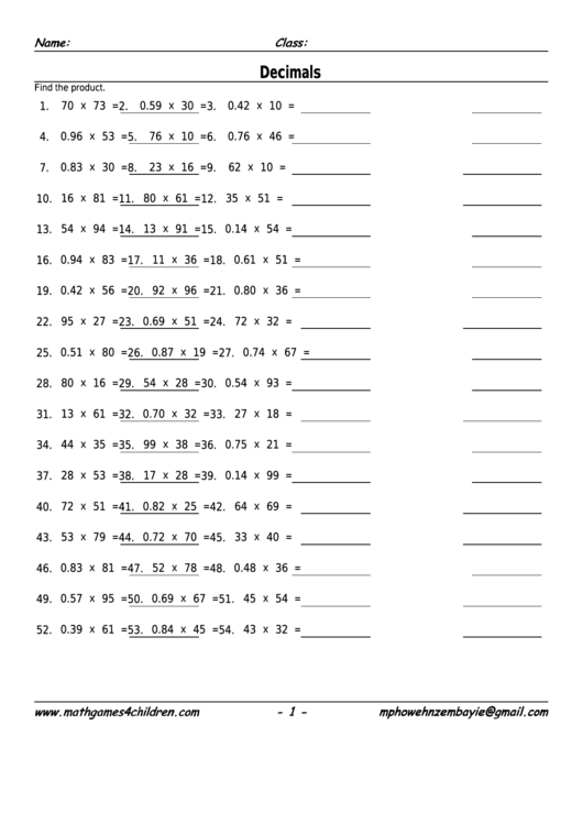 Decimals Multiplication Worksheet With Answer Key Printable pdf