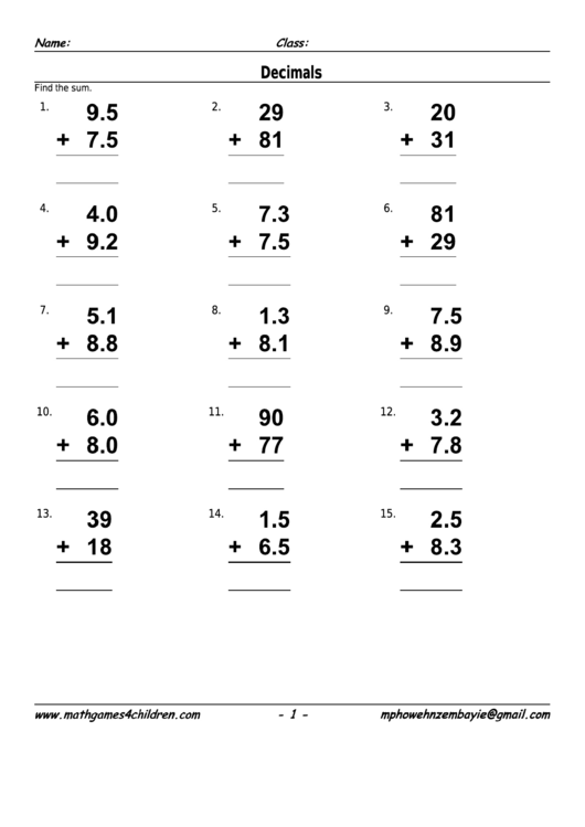 Decimal Addition Worksheet With Answer Key printable pdf download