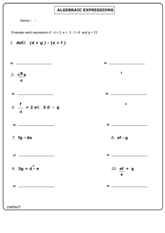 Algebraic Expressions Worksheet With Answer Key Printable pdf