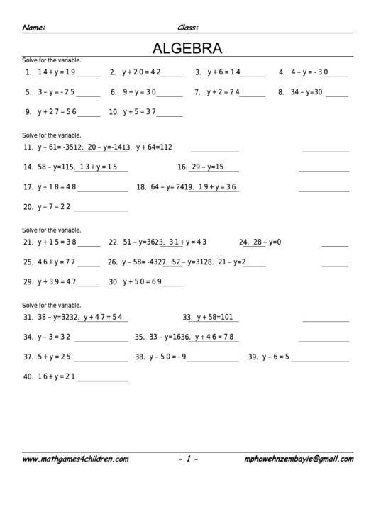 Single Variable Worksheet With Answer Key Printable pdf