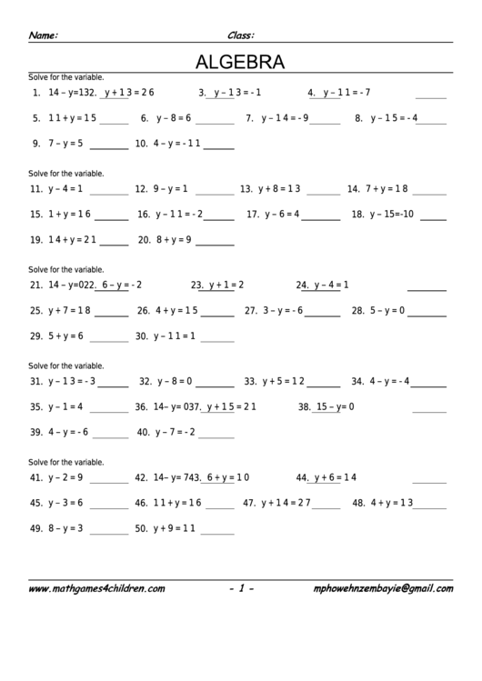 Single Variable Worksheet With Answer Key Printable pdf