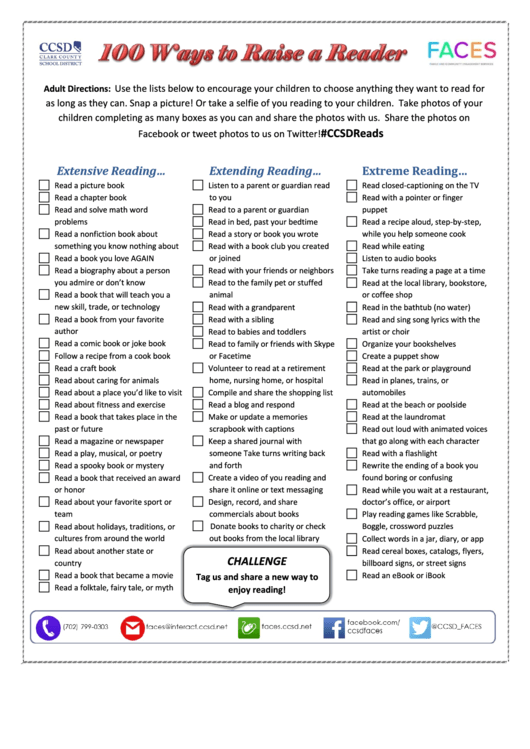 100 Ways To Raise A Reader Checklist Template Printable pdf