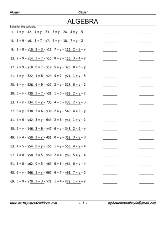 Pre-Algebra Subtraction Worksheet With Answer Key Printable pdf