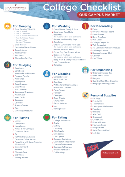 College Packing Checklist Template Printable pdf