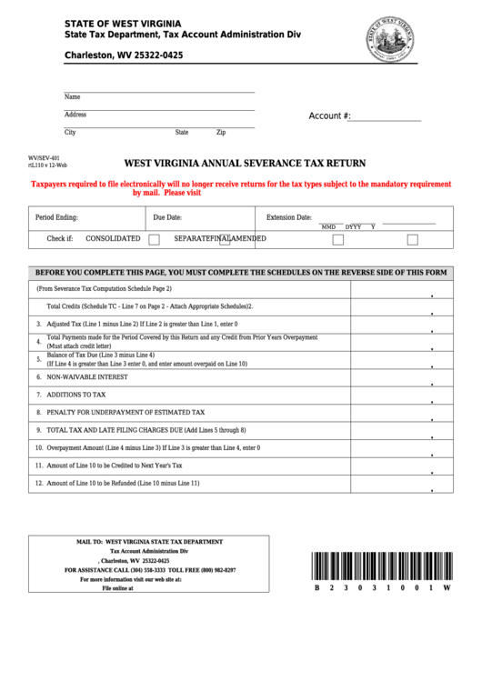 Fillable Form Wv/sev-401 - West Virginia Annual Severance Tax Return Printable pdf