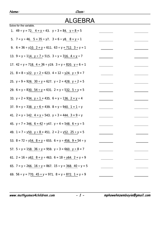 Pre-Algebra Division Worksheet With Answer Key Printable pdf