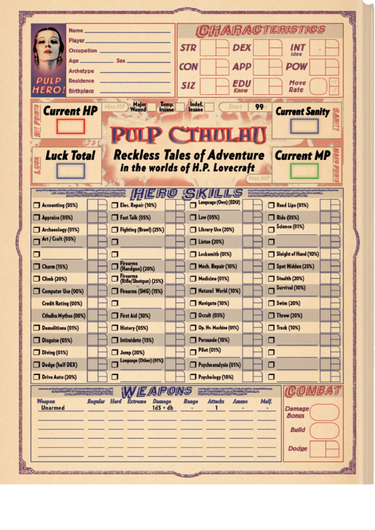 Pulp Cthulhu Character Personality Sheet Printable pdf