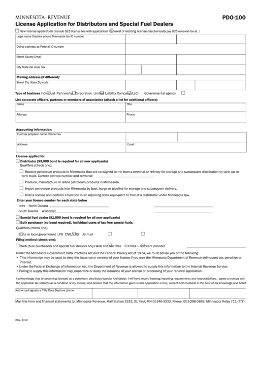 Fillable Form Pdo-100 - License Application For Distributors And Special Fuel Dealers Printable pdf