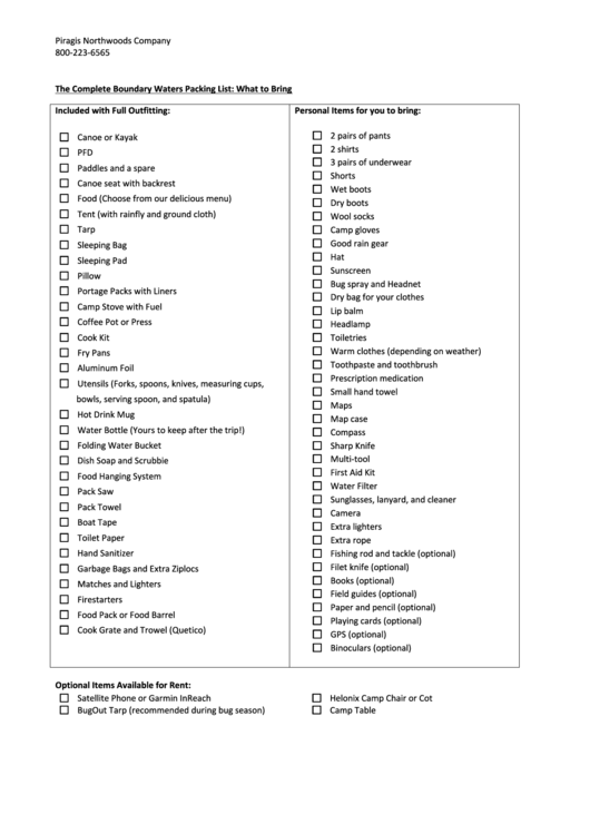 The Complete Boundary Waters Packing List: What To Bring Printable pdf