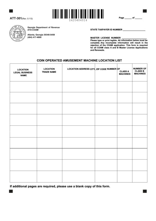 Fillable Form Att-301 - Coin Operated Amusement Machine Location List Printable pdf