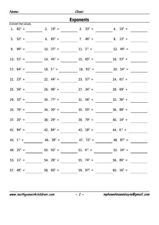 Exponents Worksheet With Answer Key Printable pdf