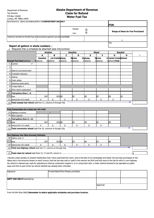 Form 04-544 - Claim For Refund Motor Fuel Tax - Alaska Department Of Revenue Printable pdf