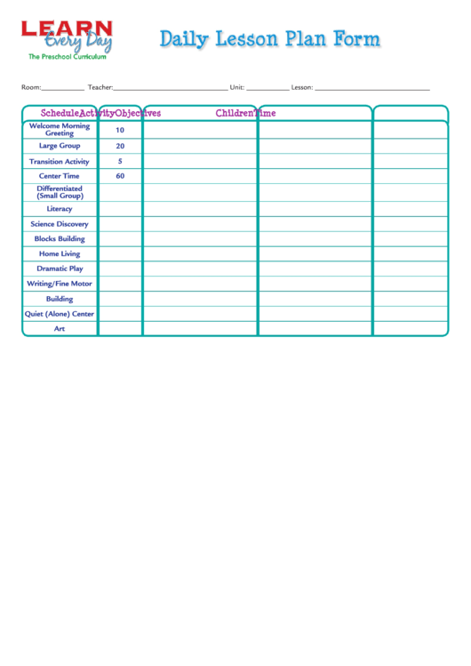 Daily Preschool Lesson Plan Template Printable pdf