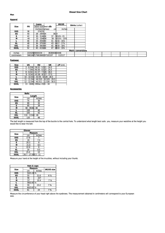Diesel Size Chart Printable pdf