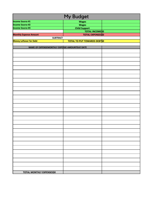 My Budget Spreadsheet Printable pdf