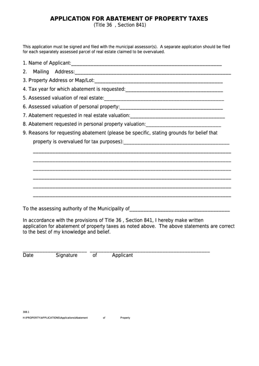 Application For Abatement Of Property Taxes Printable pdf